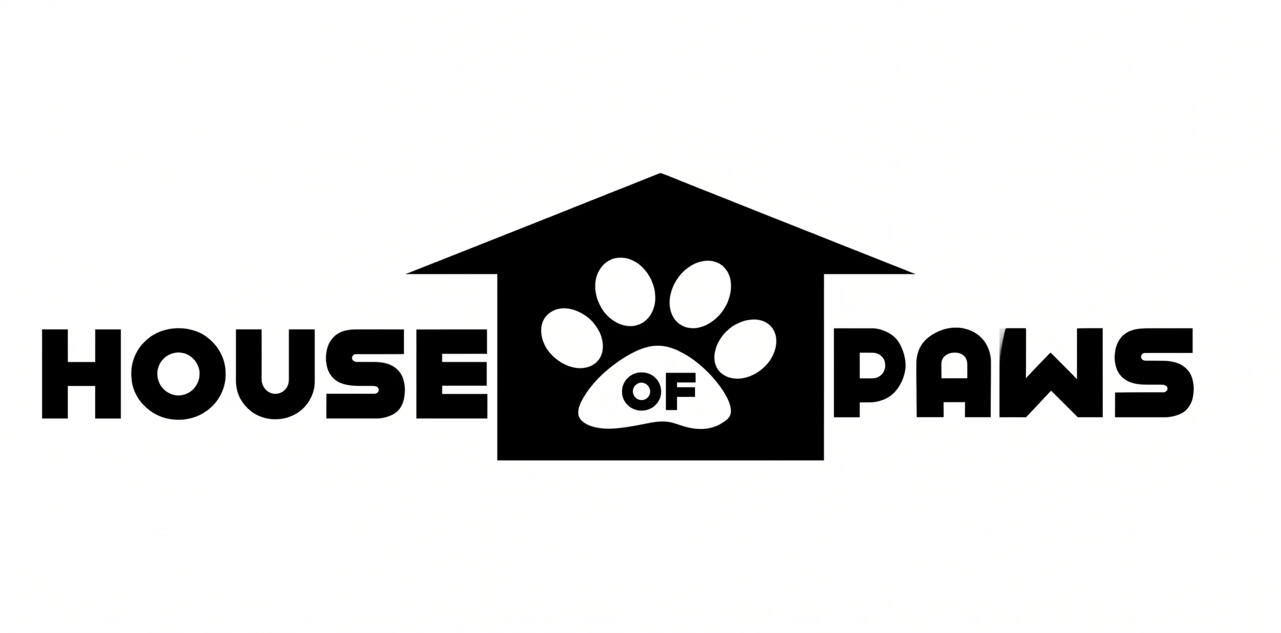 Minimalist black and white logo for 'House of Paws' featuring a house silhouette with a paw print in the center.